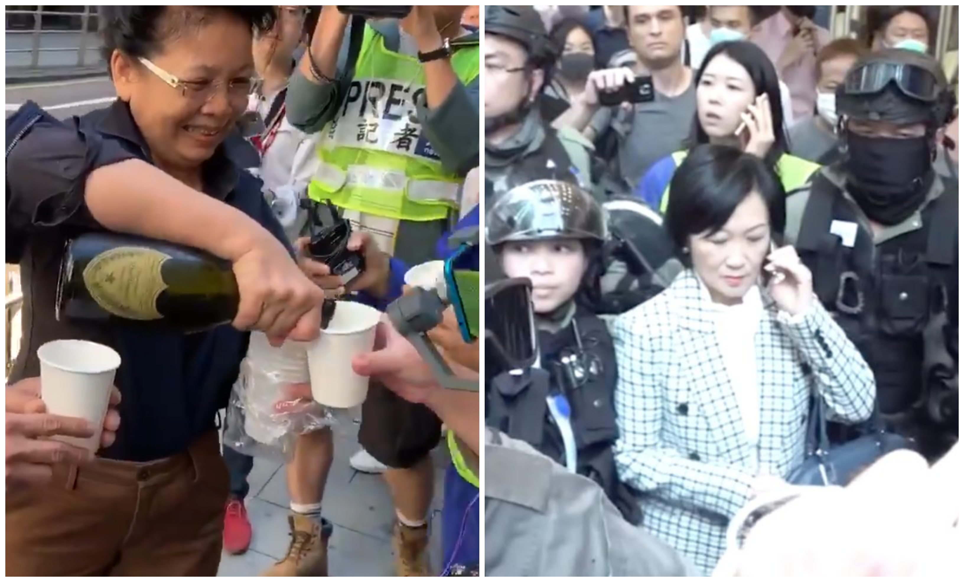 A jubilant woman (left) offers pours of champagne as office workers celebrate pro-dems’ district council wins today. Pro-Beijing lawmaker Regina Ip (right) was escorted away by police after being heckled by the crowd. Screengrabs via Twitter/Facebook/RTHK. 