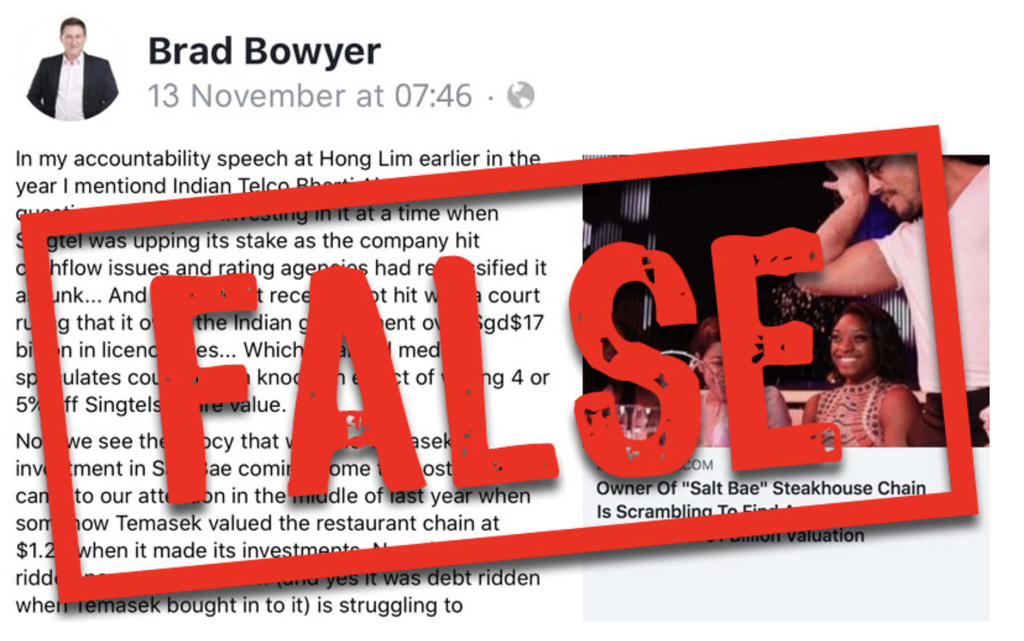 Screenshot of Brad Bowyer’s Facebook post with “FALSE” graphic by Gov.Sg.
