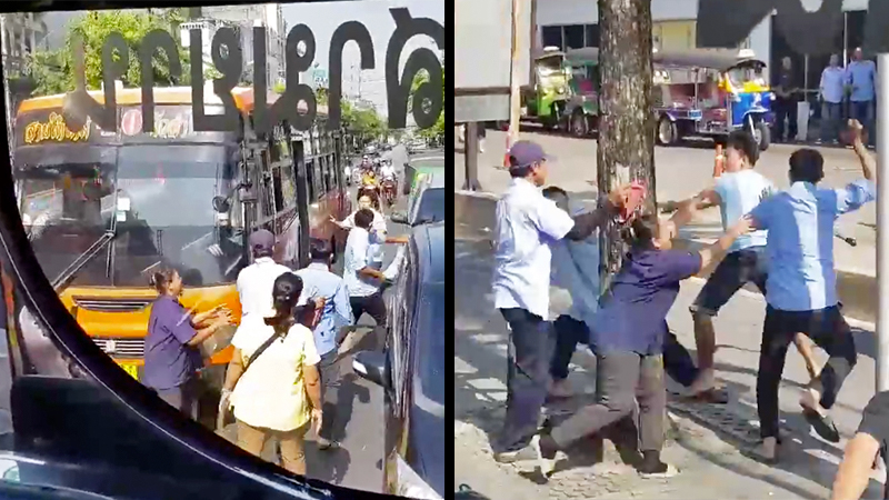 Bus teams rush ‘n attack each other Monday morning on Issaraphap Road in Bangkok. Images: JS100