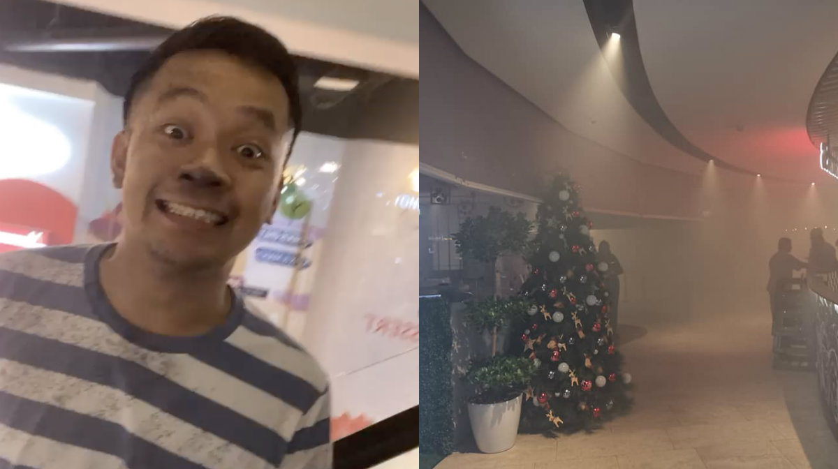 Muhammad Farhan Safaruan grins after the fire, at left. At right, the smoky scene at the Century Square mall in Tampines. Photos: Nabilah Abdul Rahim/Facebook, Gng Yeo Thuang/Facebook