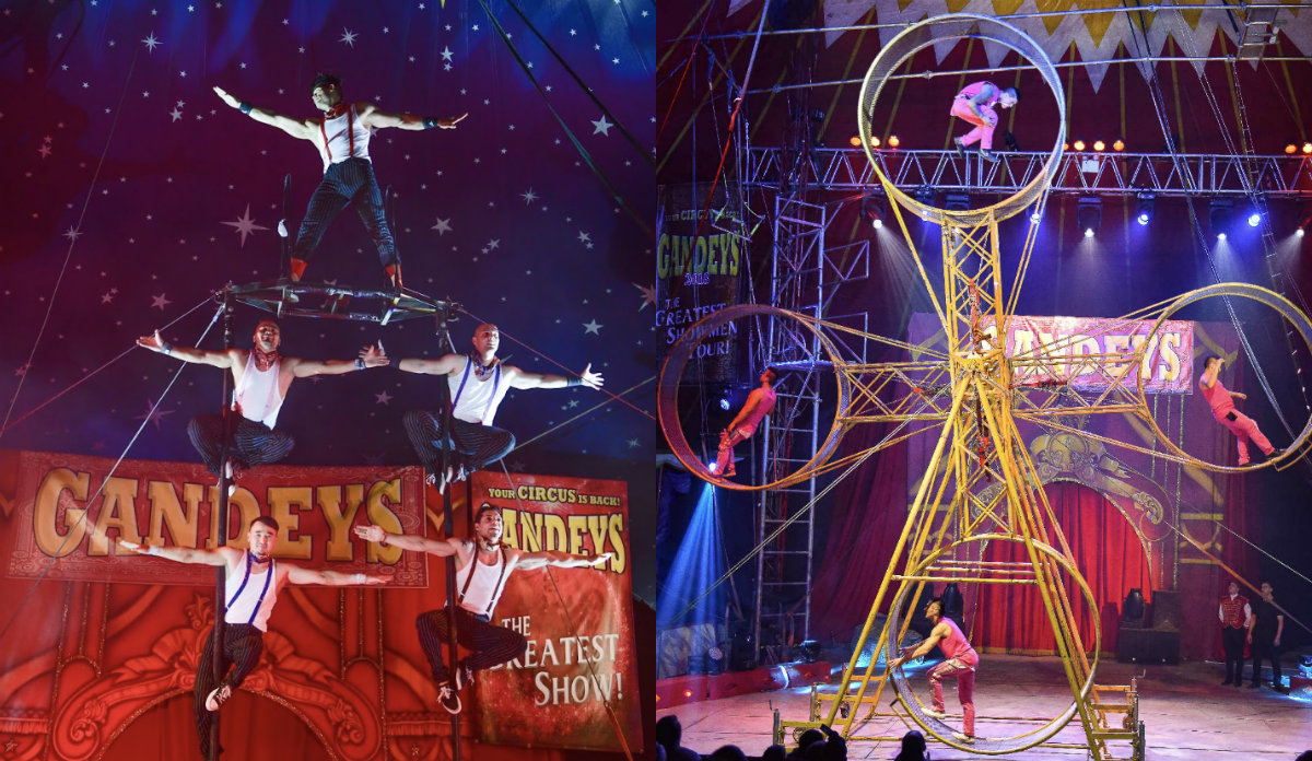 At left, aerial acrobatics by The Survivors. At right, The Space Wheel. Photos: Great Circus of Europe