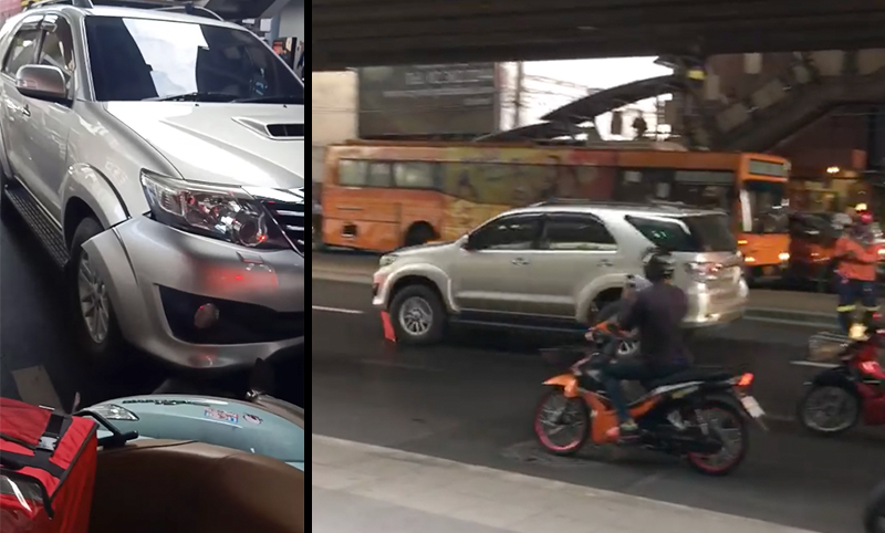 At left, a sport utility vehicle seen crashing into the motorcycle of a man filming him from his motorcycle. At right, the driver attempts to flee away as several motorbikes give pursuit. Photos: Warayoot Pinjai / Facebook, Lookmai Chanakarn / Facebook

