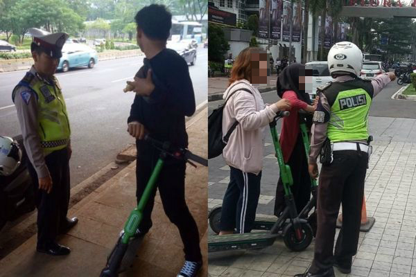 Police officers issuing verbal warnings to e-scooter riders in Jakarta for riding on the sidewalk. Photo: Instagram/@tmcpoldametro