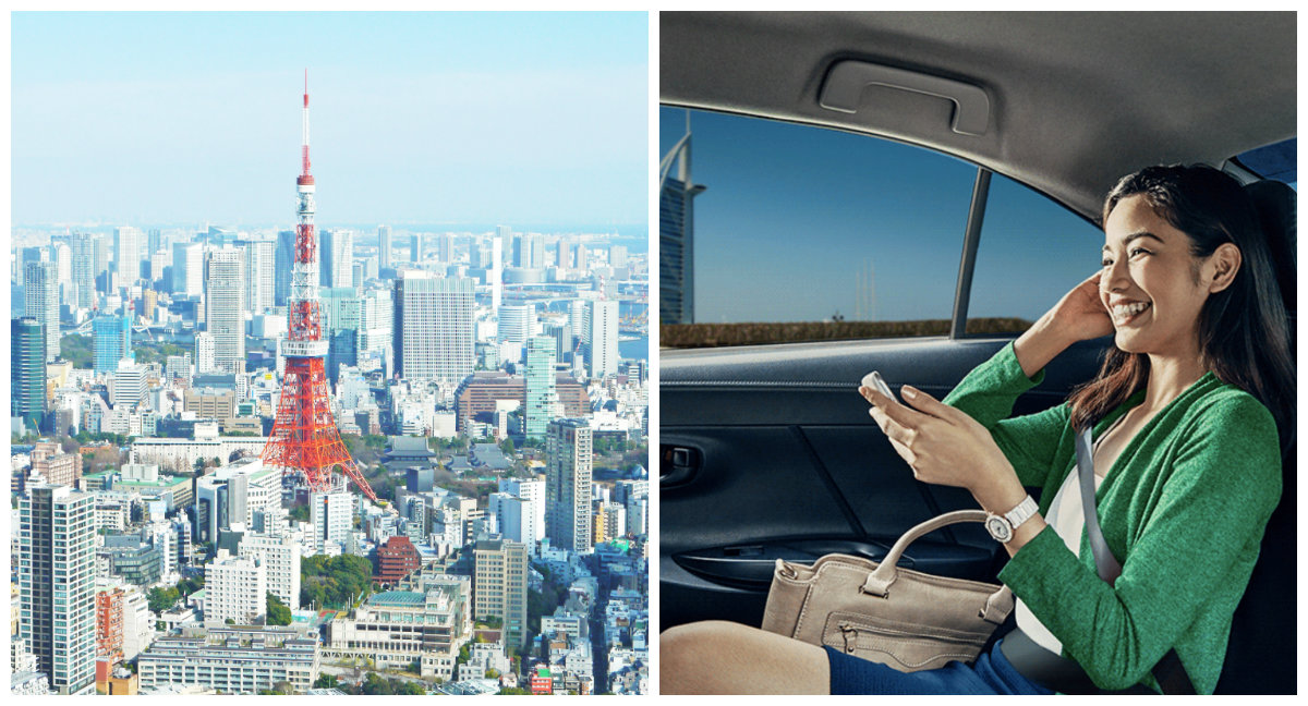 Tokyo Tower, at left, and a promotional photo for Grab’s new ride service, at right. Photos: Jaison Lin/Grab