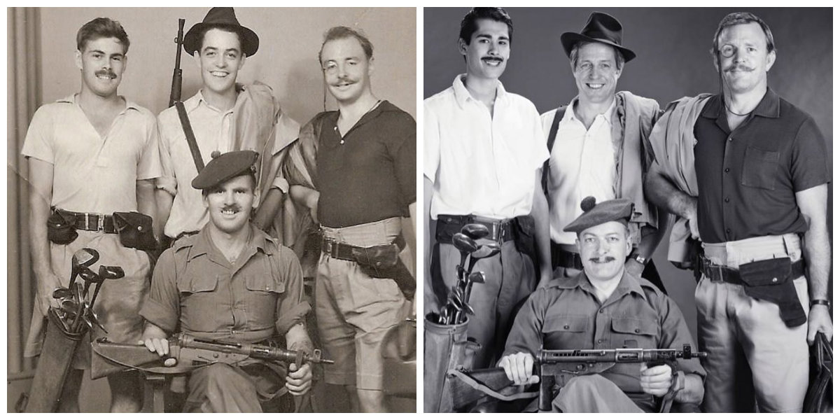 At left, original portrait of Hugh Grant and Guy Ritchie’s fathers (back row, center and right, respectively) as soldiers in Singapore. At right, the two stars’ recreated version. (Photos: Guy Ritchie/Instagram)