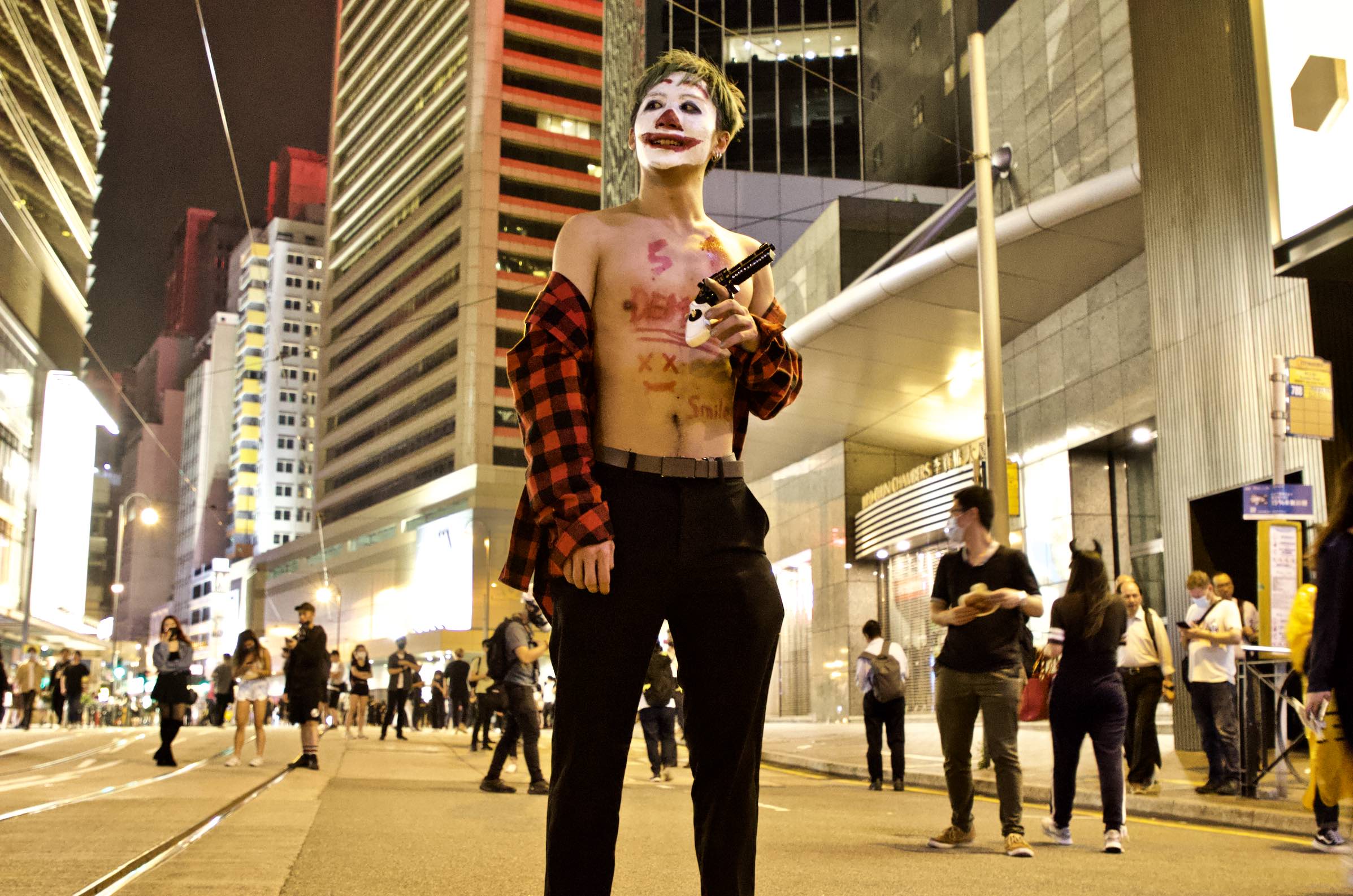 A protester in costume at last night’s Halloween rally. Photo by Vicky Wong.
