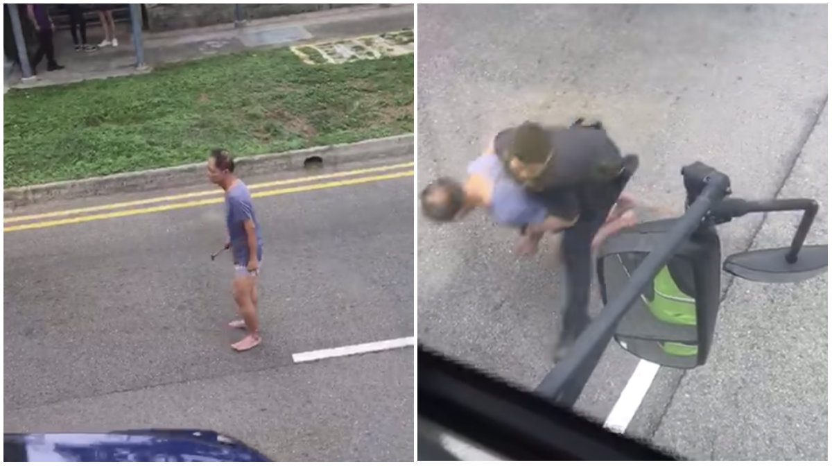 Two still images from a clip showing a police officer taking down a hammer-wielding man on Bedok North Road. Photo: District Singapore/Facebook