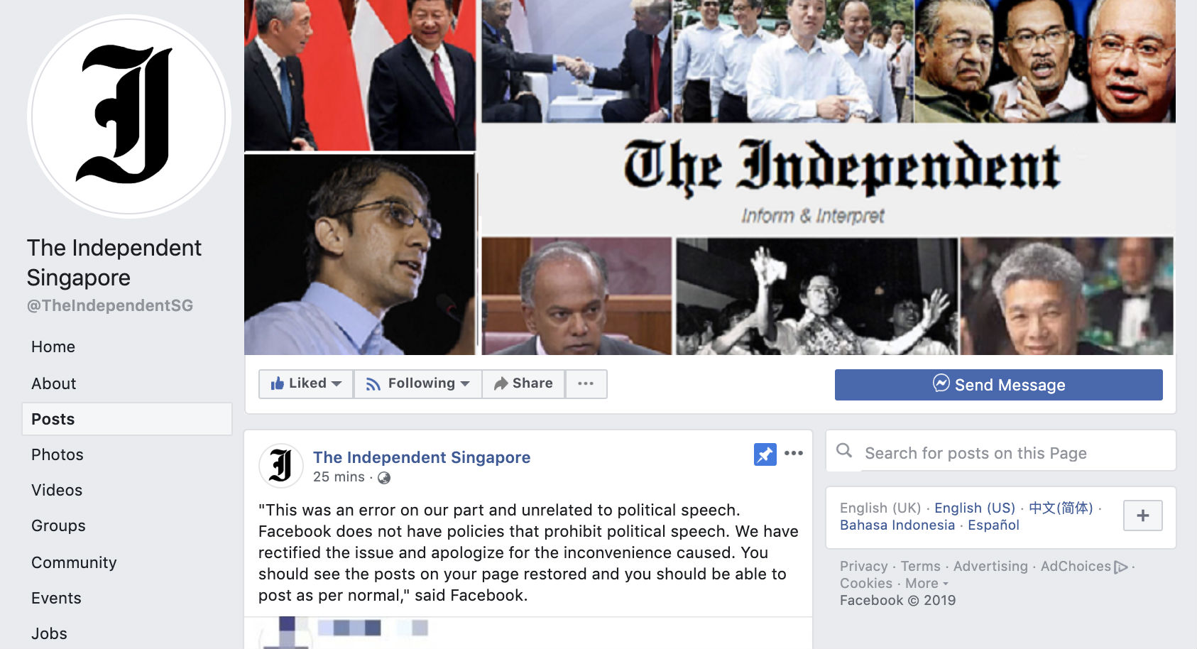 A section of The Independent Singapore’s Facebook page. 
