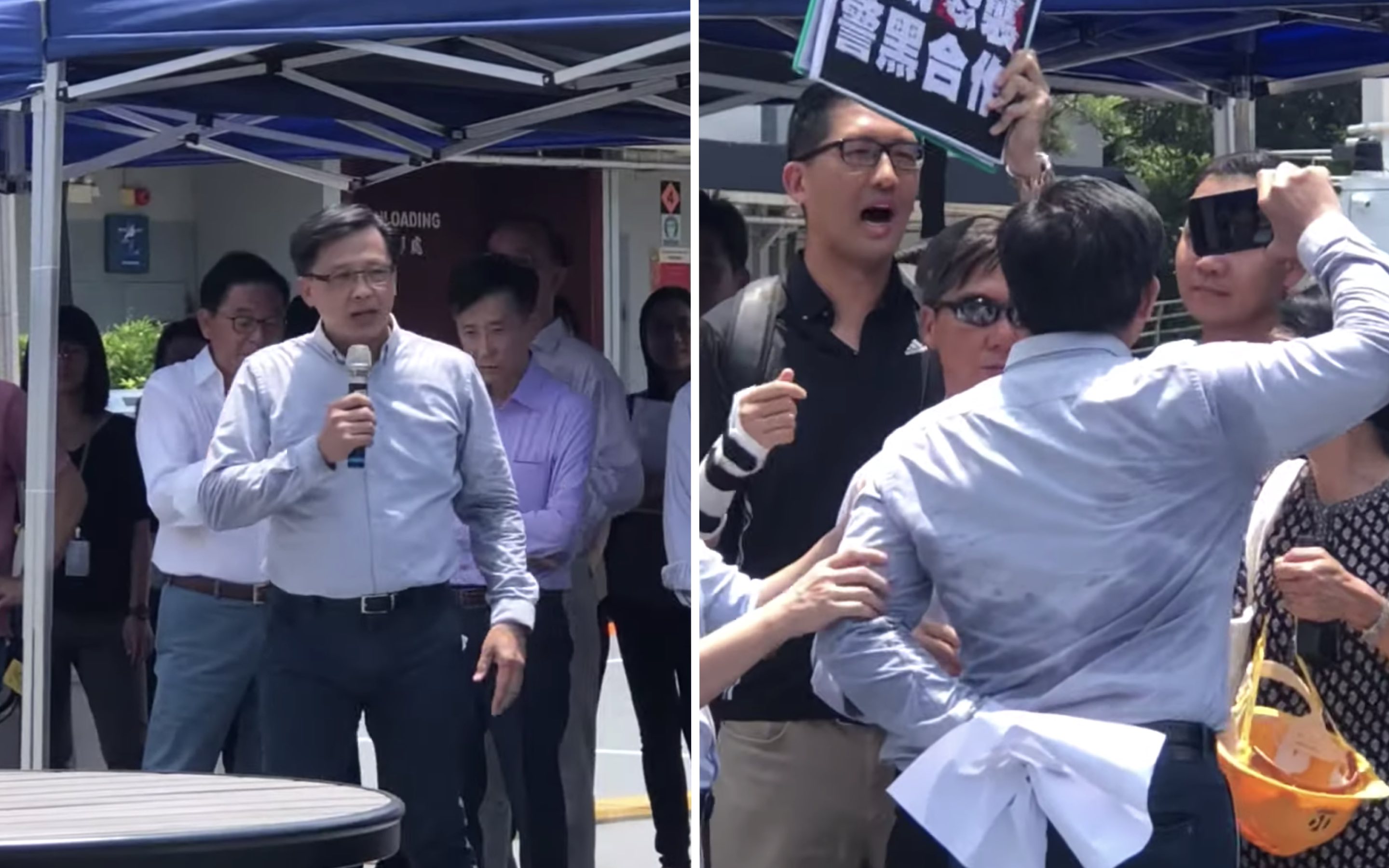 (Left) Pro-Beijing lawmaker Junius Ho at a police demonstration of a water cannon. During the Q&A session he was heckled by pro-democracy lawmakers who yelled ‘Junius Ho, triad’ (right). Screengrabs via YouTube.