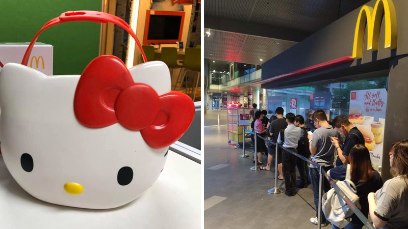 The limited-edition Hello Kitty meal carrier, at left. Singaporeans queue outside a McDonald’s store in Chinatown, at right. Photos: Joanna Ash/Facebook, Singapore Atrium Sale/Facebook
