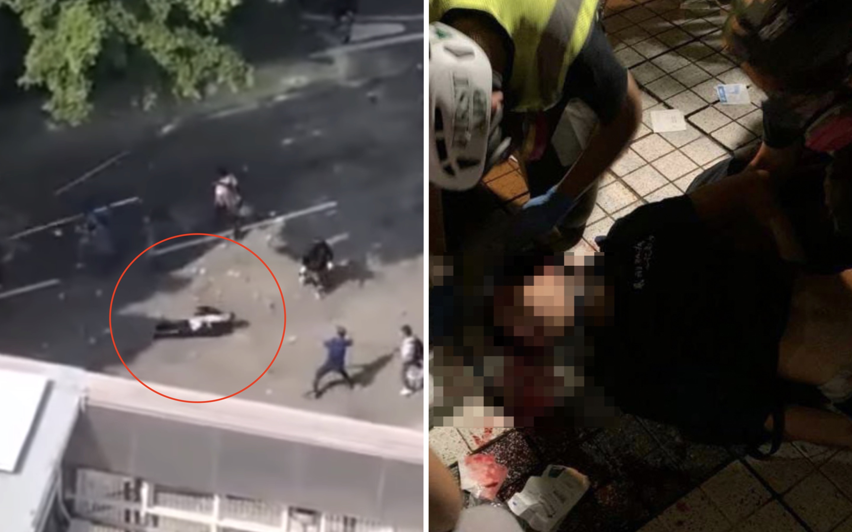 (Left) an elderly man lies on the floor after getting hit on the head by a hard object. (Right) a 15-year-old boy is struck on the head by a tear gas canister. Screengrabs and photos via YouTube and Telegram.