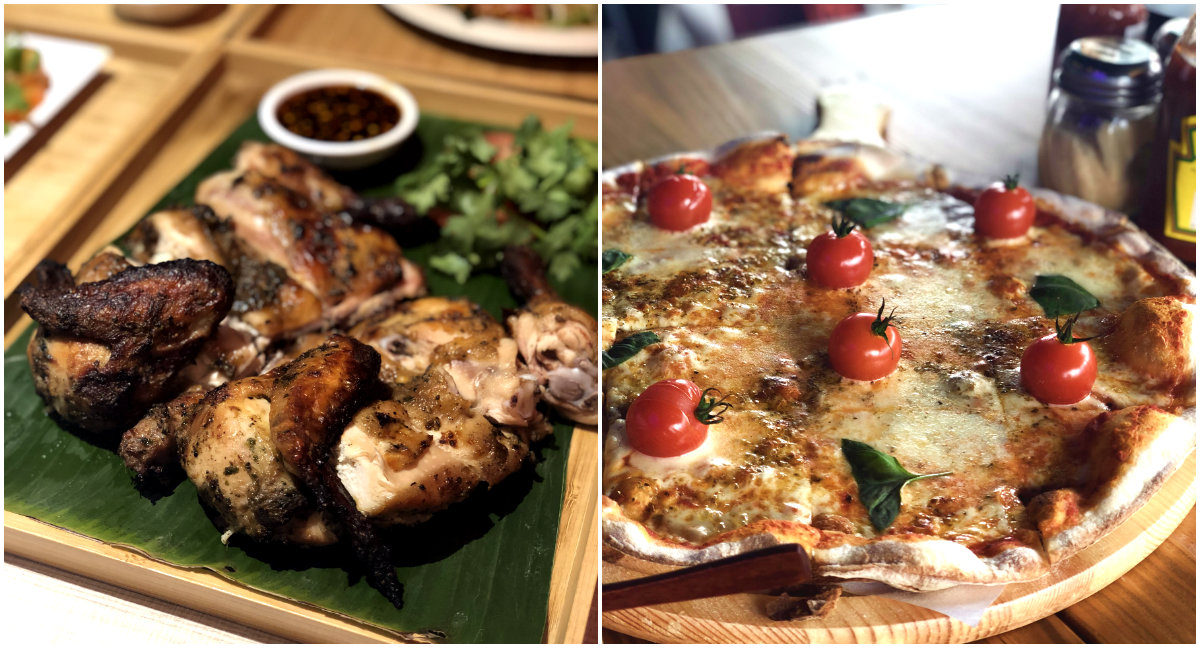 At left, grilled chicken from Kor Kai. At right, Margherita pizza by The Peel 1889. Photos: Coconuts Singapore