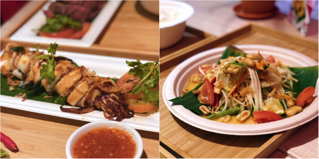 At left, the whole squid stuffed with tom yum fried rice. At right, young papaya salad. Photos: Coconuts Singapore