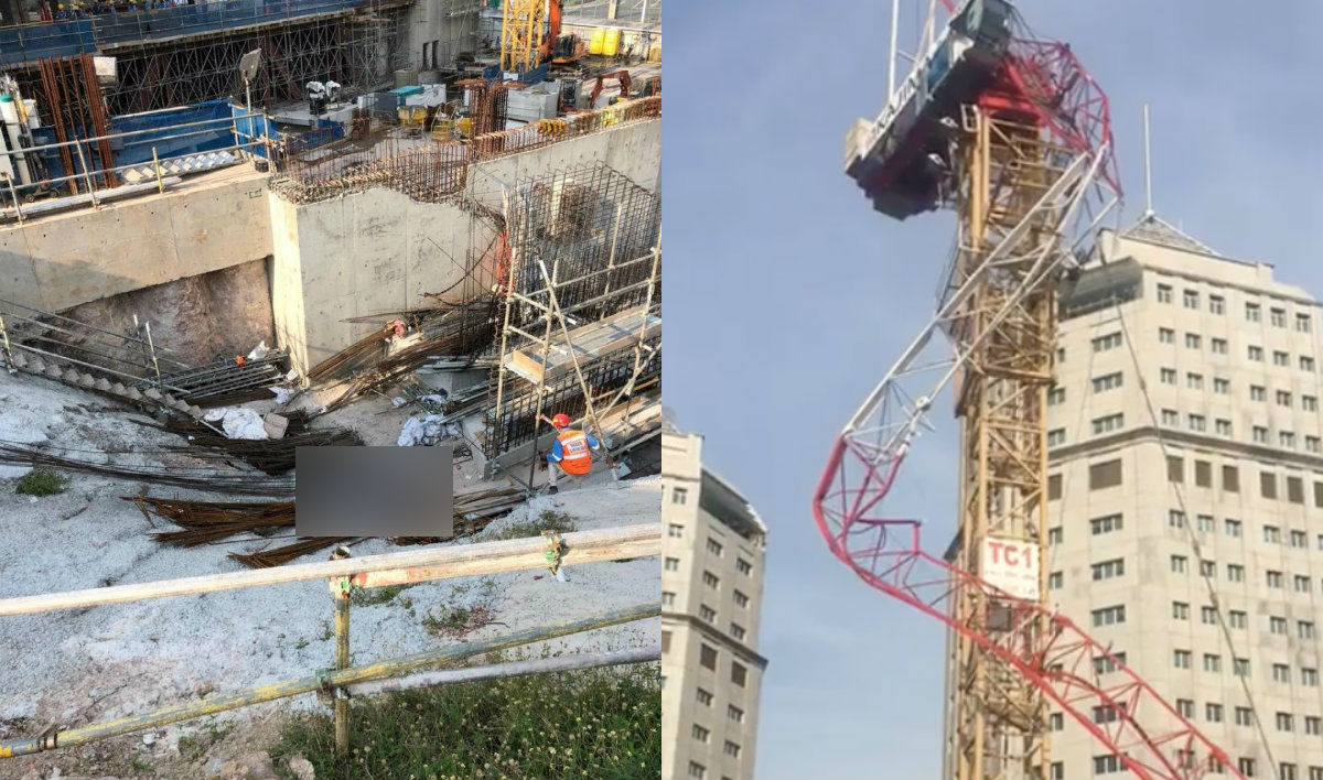 A man lies on the ground after the boom of a crane collapsed, at left. At right, a section of the fallen crane. Photos: Sma Rocky/Facebook