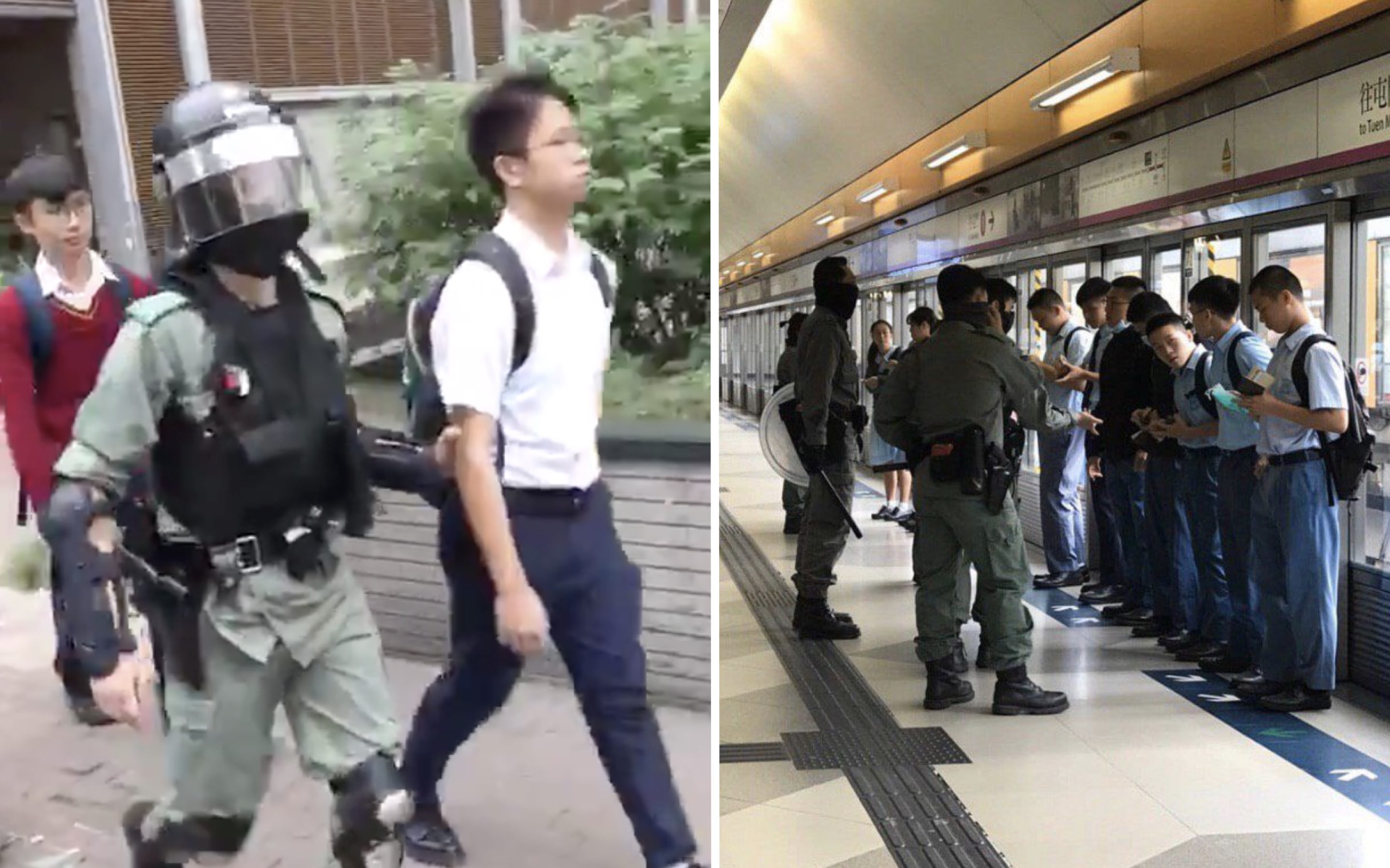 (Left) police apprehend two students outside Kwun Tong swimming pool, (right) police stop and search students on a platform at Tin Shui Wai. Screengrabs and photos via Twitter and Telegram.