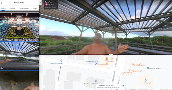 Screenshots of a Google Street View photo of a man, believed to be a foreigner, naked while holding a handwritten message on his palm that read, “Protest Sharia Law.” Screengrab via Detik 