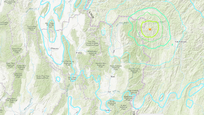 A map showing the epicenter of Thursday morning’s earthquake in Laos, and colored rings indicating the strength of its tremors. Image: US Geological Survey