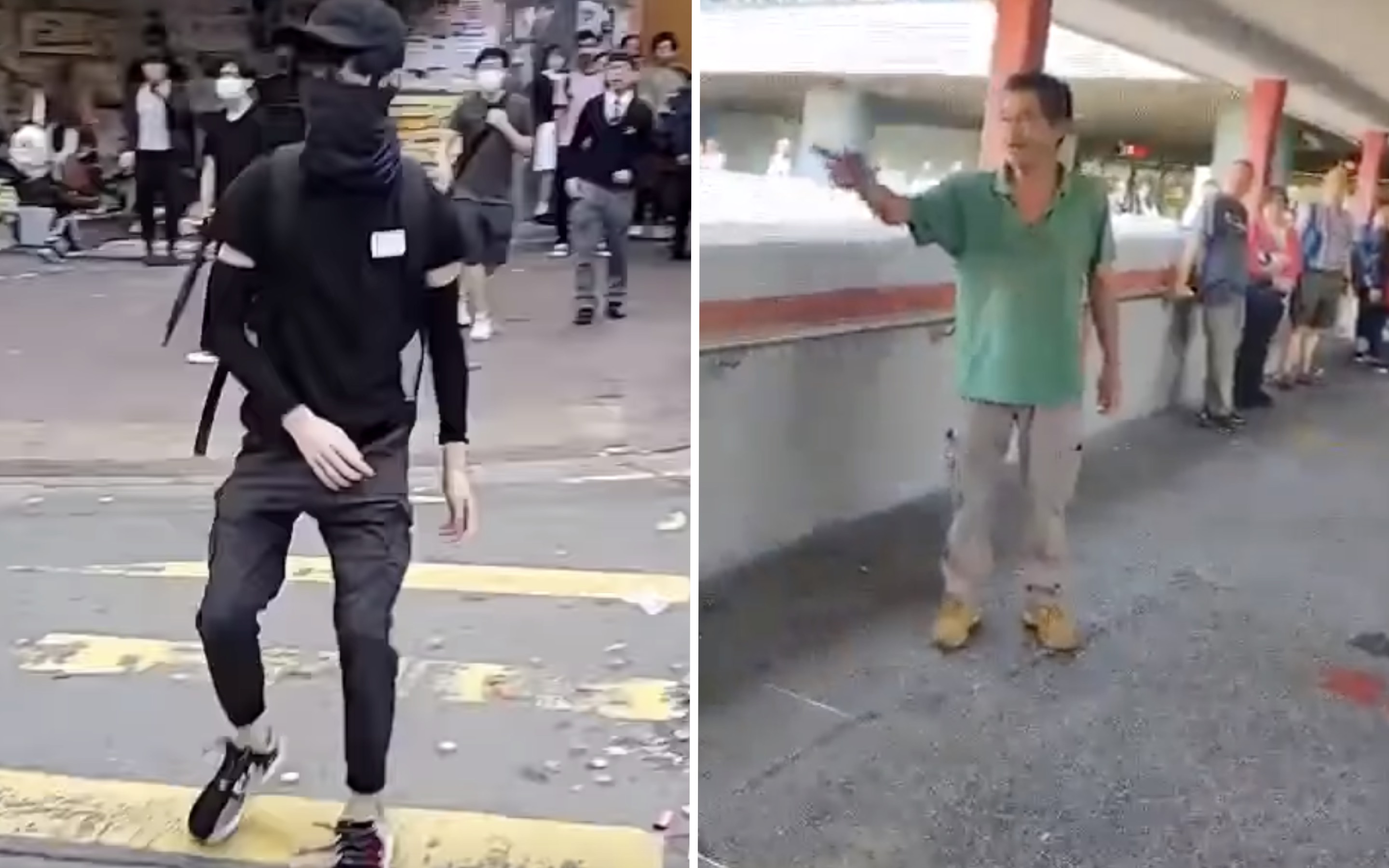 A 21-year-old man moments before he was shot by a police officer (right), and a 57-year-old man moments before he was doused with flammable liquid and set alight (left). Both were taken to hospital yesterday in a critical condition. Screengrabs via YouTube and Facebook video.