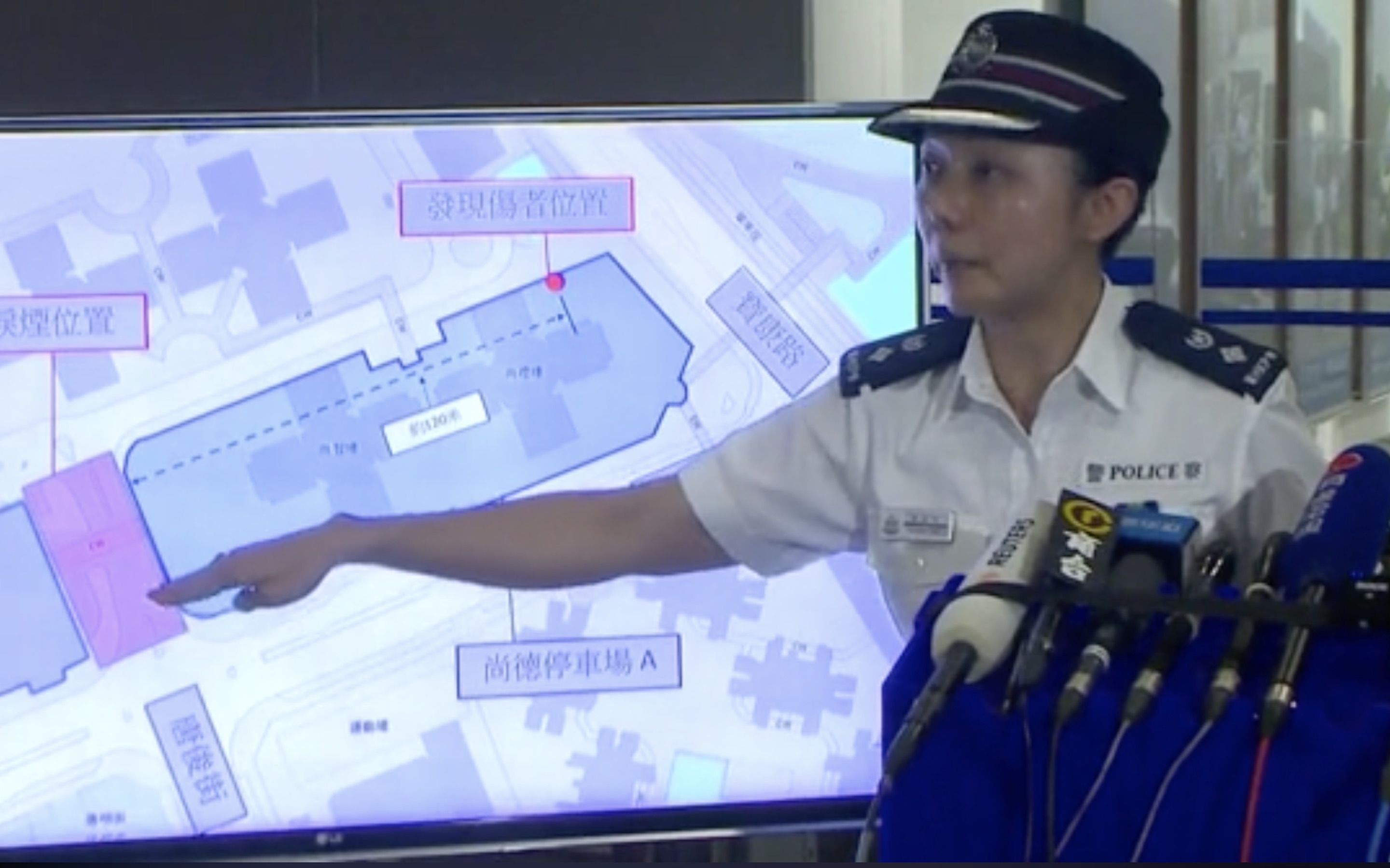 Senior Superintendent Foo Yat-ting showing on a map the floor plan of a car park where a HKUST student fell. It was reported that the student was running away from tear gas that had been fired in the area. Foo shows on the map that tear gas was fired about 120 meters away from where the student fell. Screengrab via RTHK video.