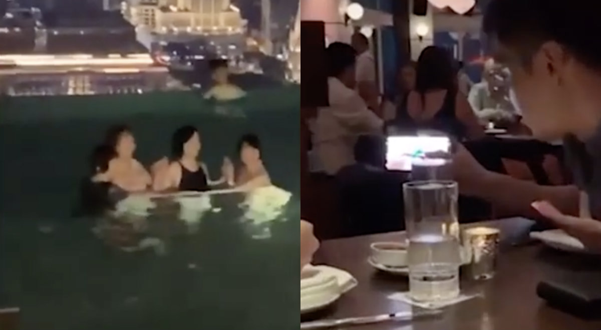 Man looking at an origami-making video, at right. Women taking photos in the infinity pool, at left. Photos: News TV/YouTube