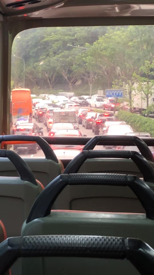 Traffic jam seen from a double-decker bus. Photo: Kevin Tan/Facebook