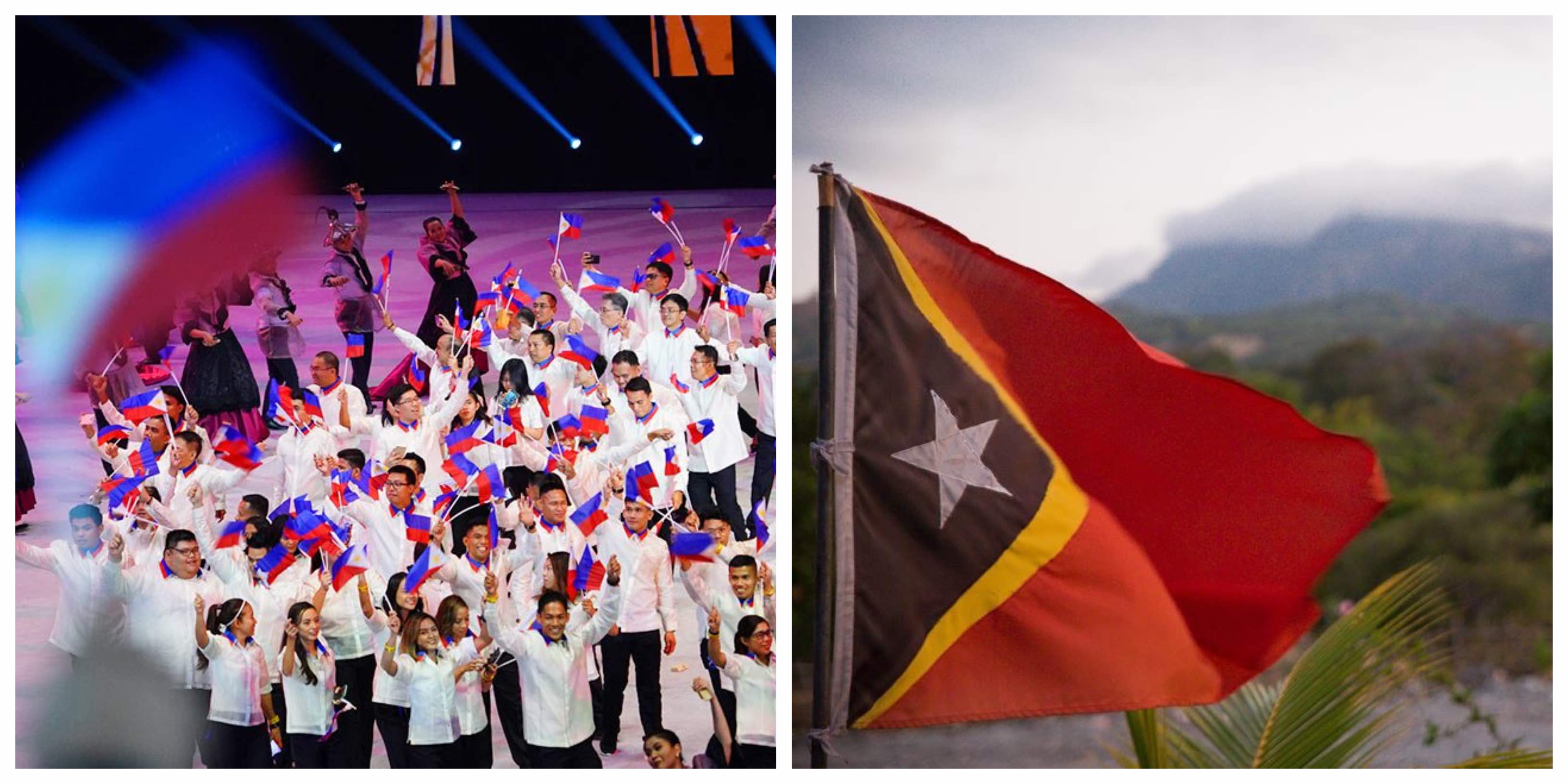 (L) At the opening ceremony of the SEA Games <I></noscript>Photo: ABS-CBN News </I> (R) Flag of Timor Leste <I>Photo: Isabel Nolasco / Wikimedia commons</I> 