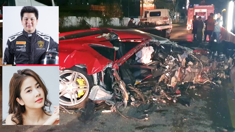 A demolished Ferrari after it crashed into a concrete barrier in an image taken from video. Image: Sanook. Inset, driver Saravut Sereethoranakul, at top, and passenger Sananthachat Thanapatpisal. Photos: Thailand Super Series, Sananthachat Thanapatpisal / Instagram