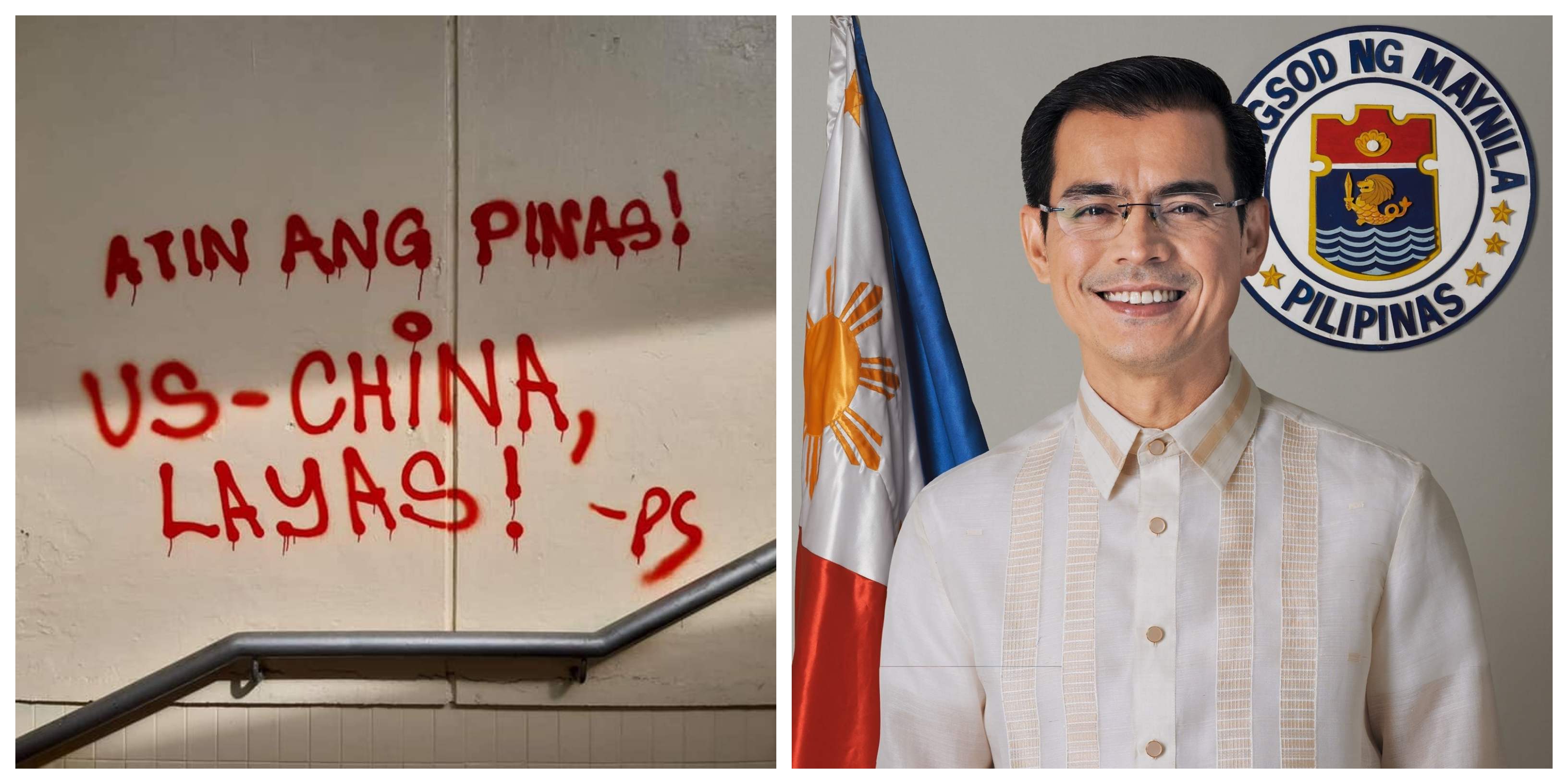 The vandal on Lagusnilad’s wall and Manila Mayor Isko Moreno. <i></noscript>Photo: Panday Sining FB/Moreno FB</i>