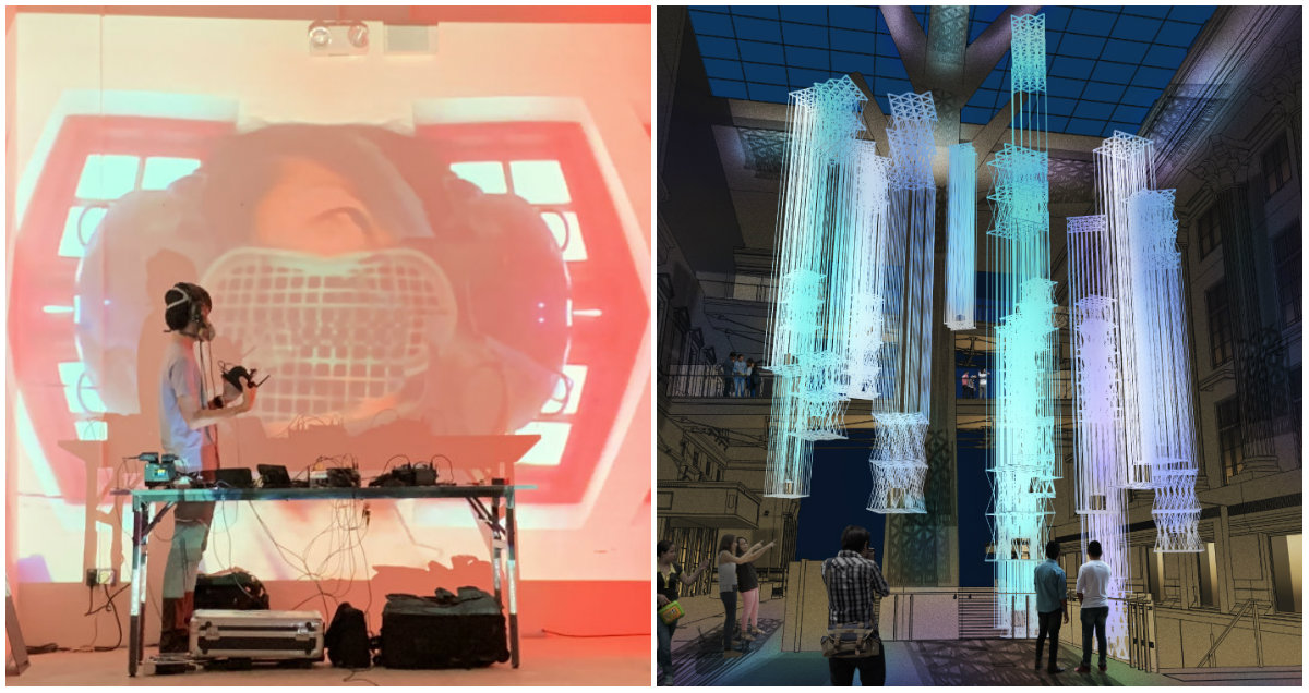 At left, an immersive installation on at Artspace@HeluTrans. At right, an artist’s impression of the Floating City light installation. Photos: Singapore Art Week website/National Gallery Singapore