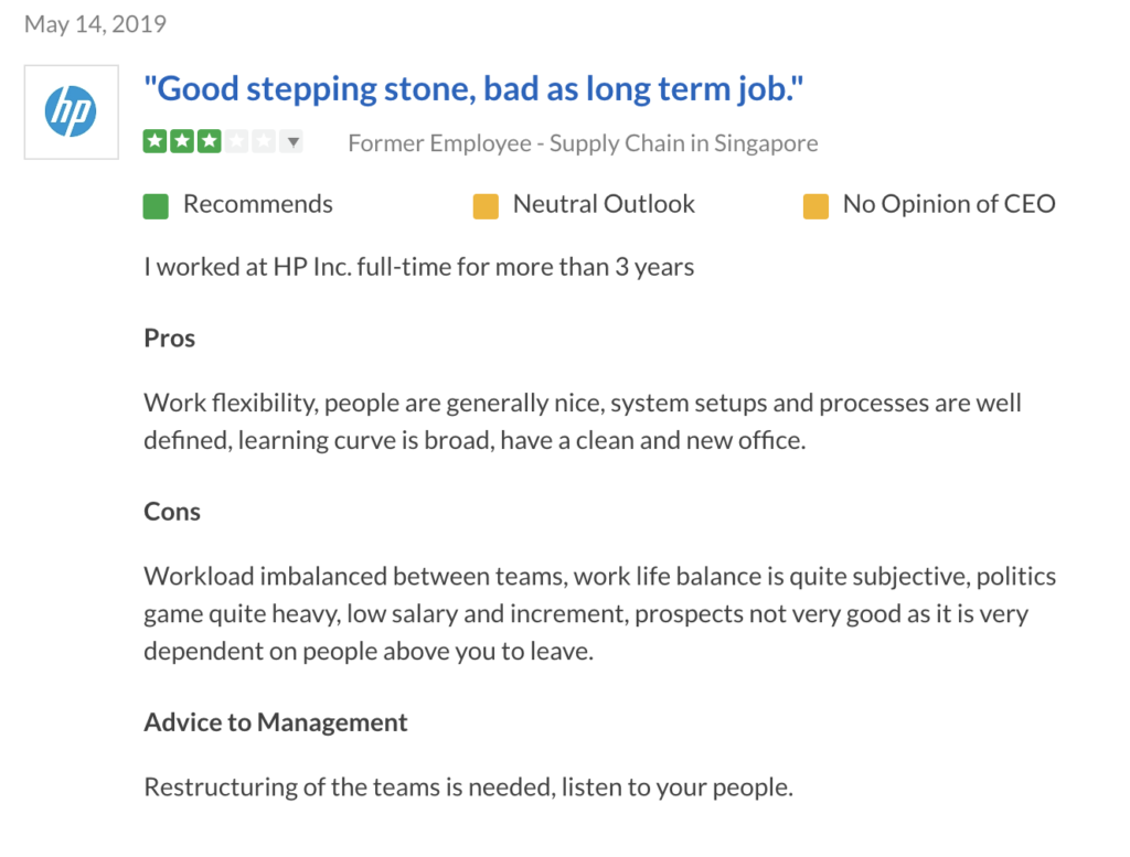 Review posted to Glassdoor by former HP employee in Singapore