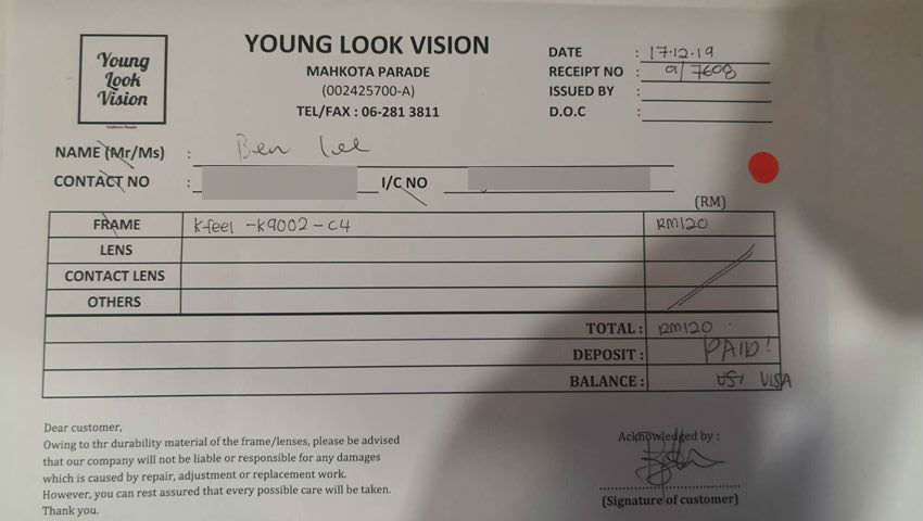 Young Look Vision receipt