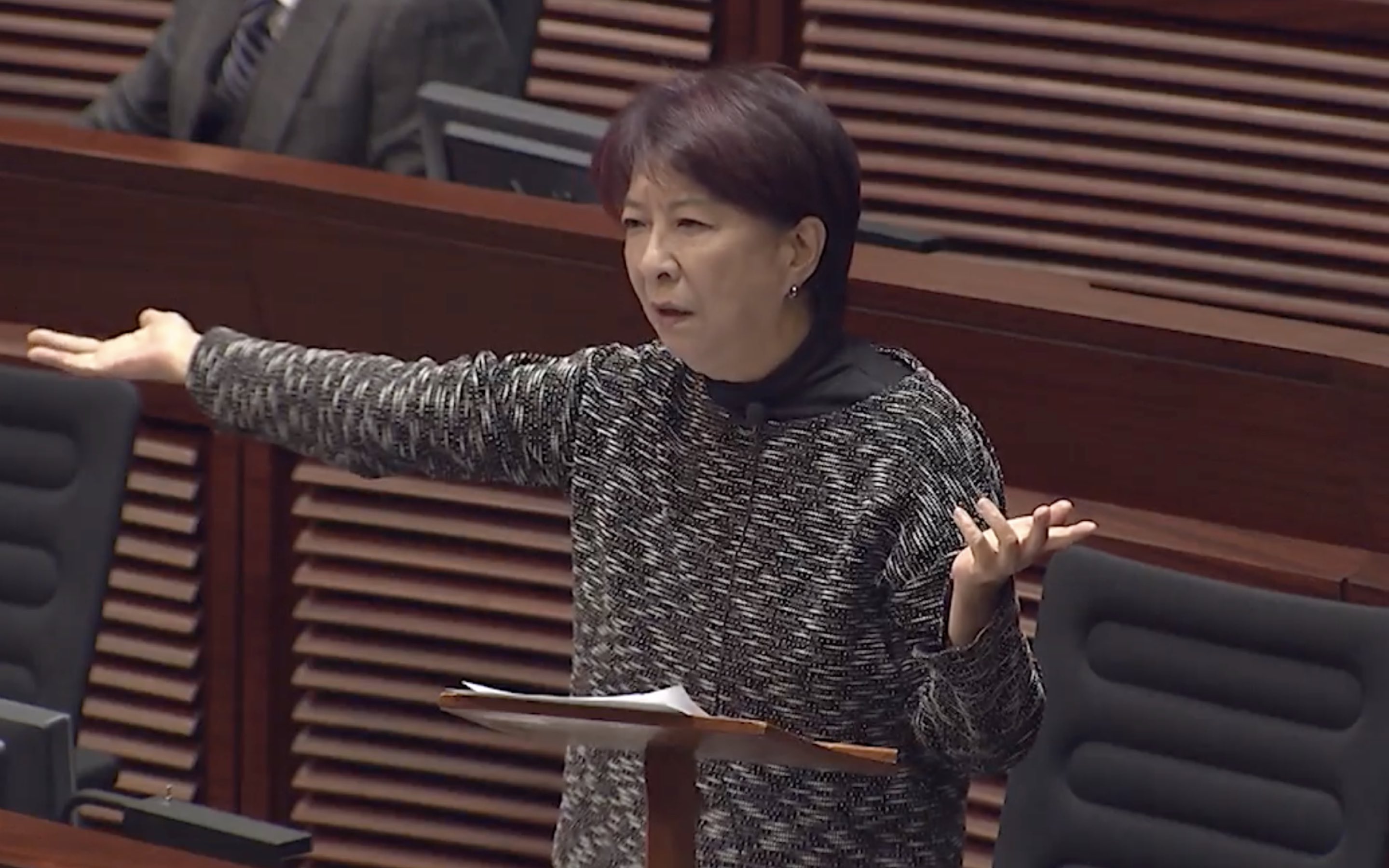 Pro-Beijing lawmaker Ann Chiang declaring in LegCo that she’s never heard of a case involving a police officer raping someone inside a police station, completely forgetting the fact that that was exactly what happened at a police station in Mong Kok in 2008. Screengrab via Facebook video.