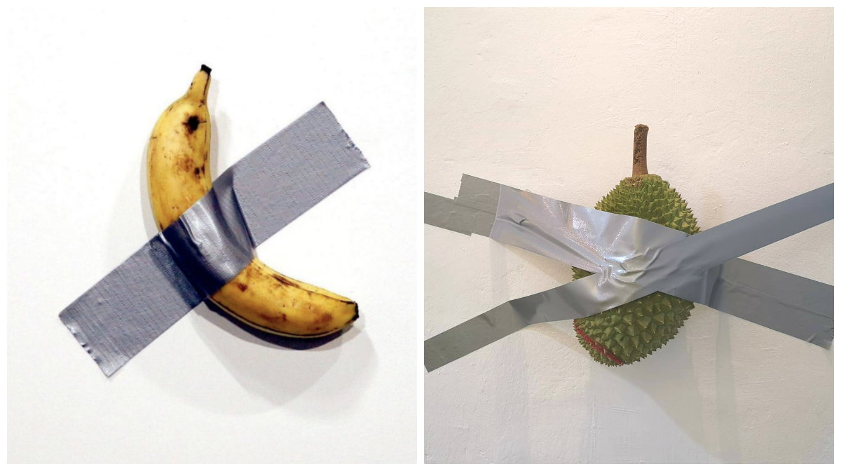 The ‘Comedian’ on display at Art Basel Miami, at left. At right, a durian tries to make the same timeless statement Photos: Khaled Abdul Jawad/Twitter, 99 Old Trees/Facebook