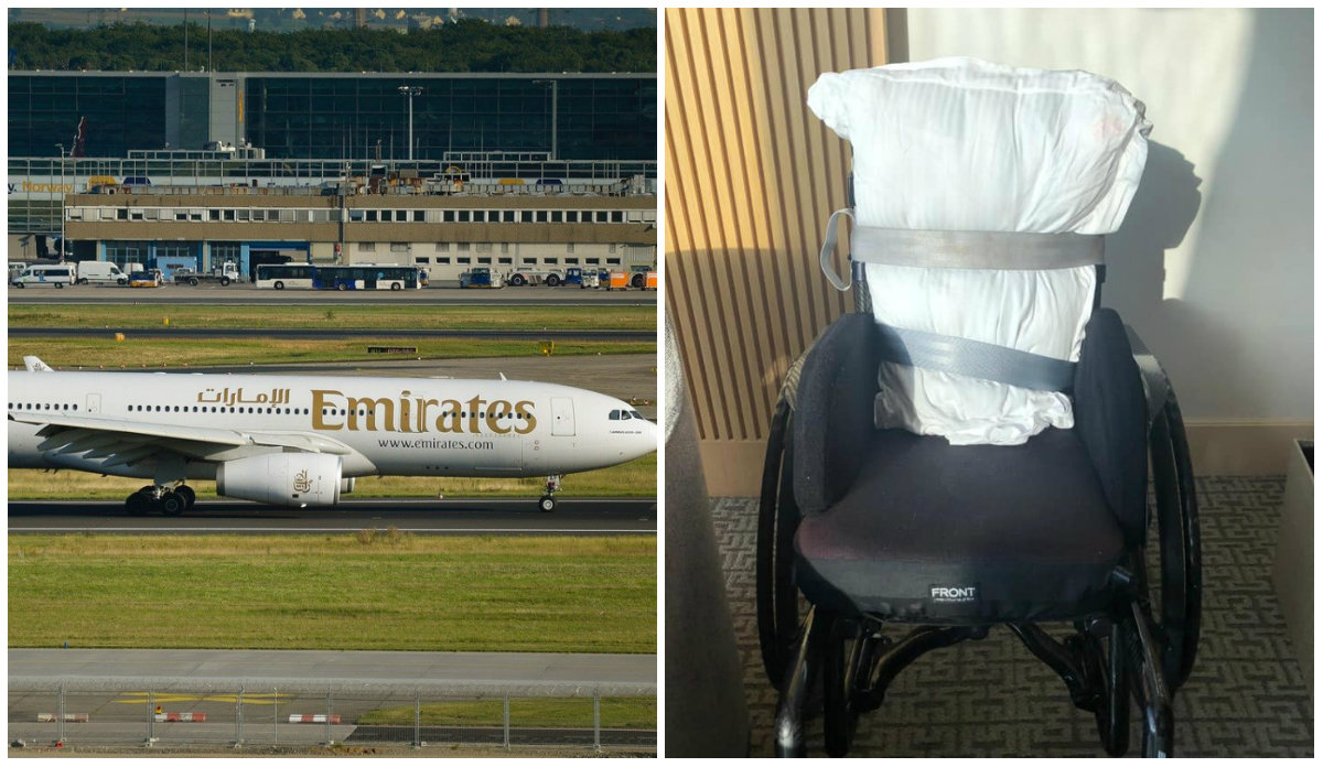 File photo of Emirates’ aircraft, at left, Gemma Quinn’s wheelchair sans back, at right. Photos: Mr Worker, Gill Quinn/Facebook