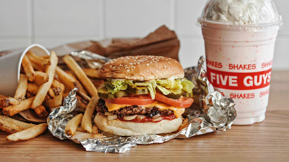 Five Guys burger, milkshake and fries. Photo: Five Guys