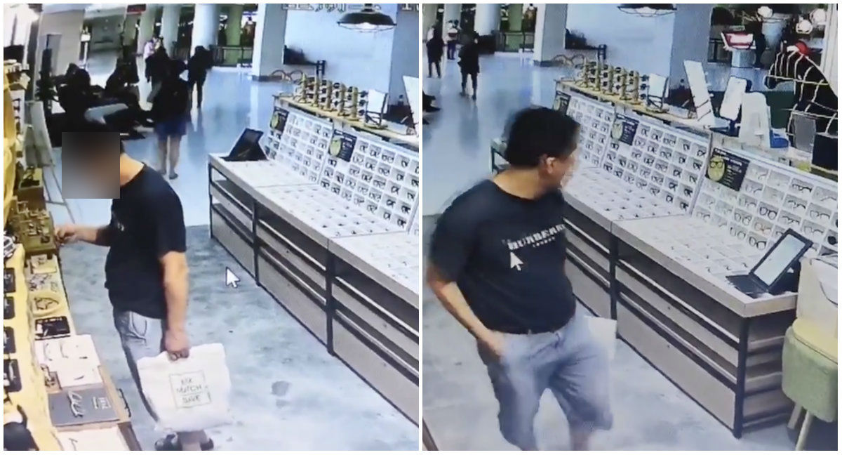 He used a Singaporean card and left a Singaporean phone/ID number before stealing some spendy spectacle frames. CCTV images show him scoping them out, at left, and Singaporean inspecting a pair of spectacle frames, at right, and then pocketing them, at right. Images: Young Look Vision/Facebook