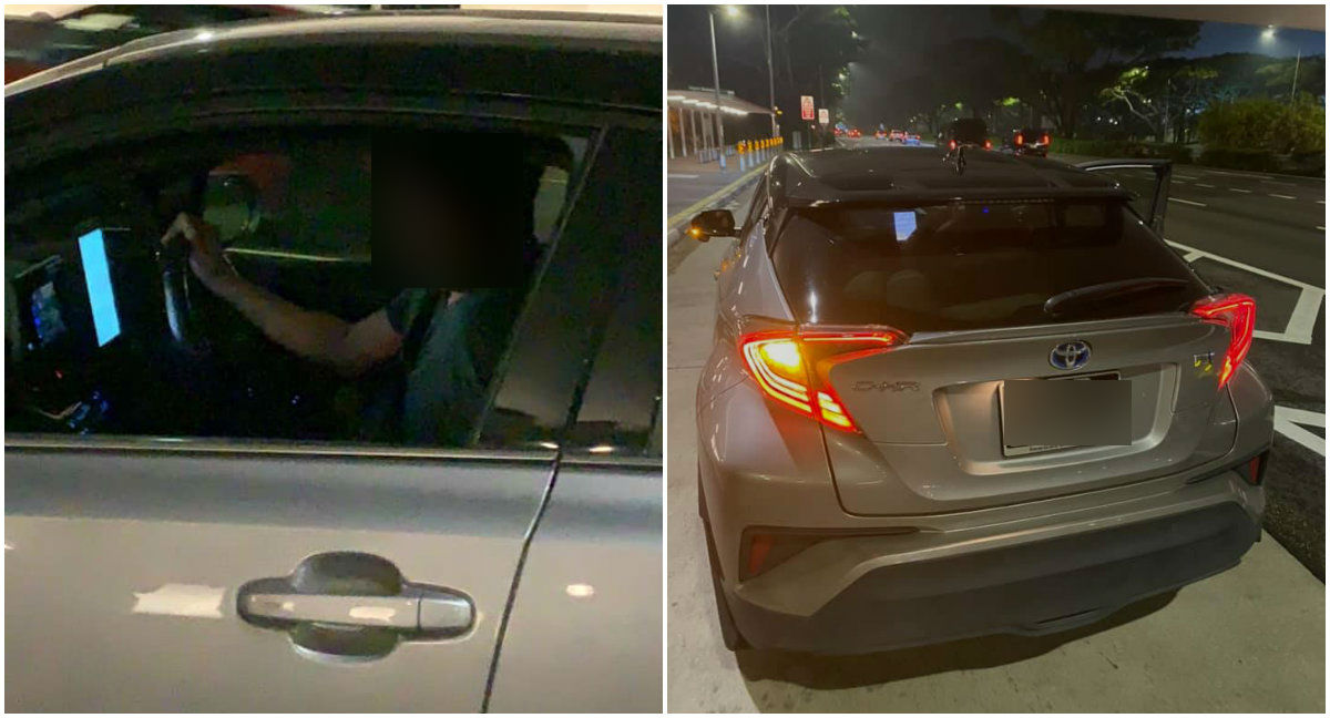 A Gojek driver accused of abandoning a fare in the dead of night, at left. At right, the driver’s car at the bus stop where he allegedly left three passengers. His license plate number has been blurred due to Singapore’s anti-doxxing law. Photo: Joseph Lam/Facebook