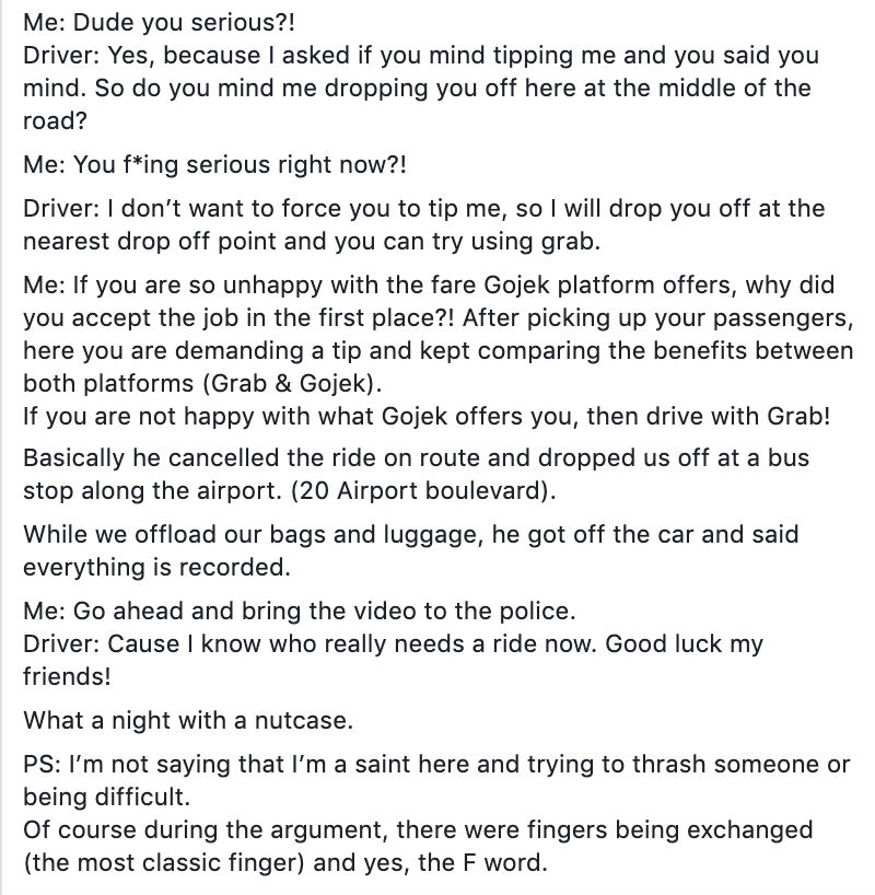 Facebook post on Gojek driver on Dec 18, 2019