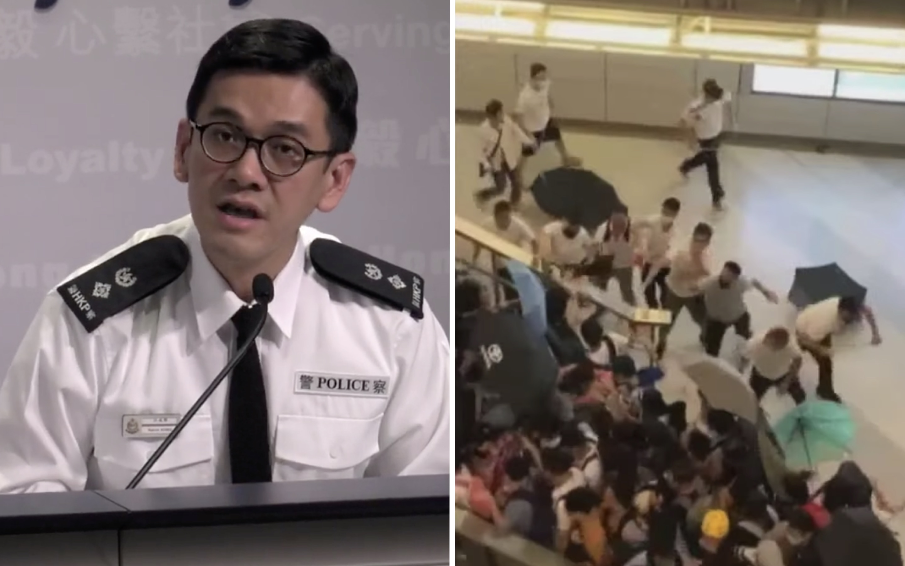 Police spokesperson Kong Wing-cheung addresses comments he made during a TV interview where he commented that protesters were to blame for a violent clash at Yuen Long MTR station in July. Screengrabs via Facebook video/YouTube.