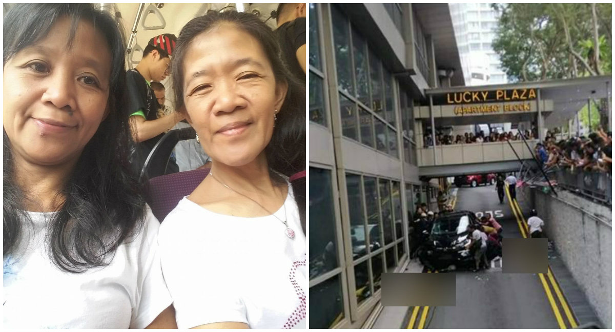 At left, Arlyn Nucos – one of the deceased – and sister Arcely – one of four seriously injured. At right, scene from the car crash outside Lucky Plaza. Photos: Andrei Nucos, SG Kay Poh/Facebook