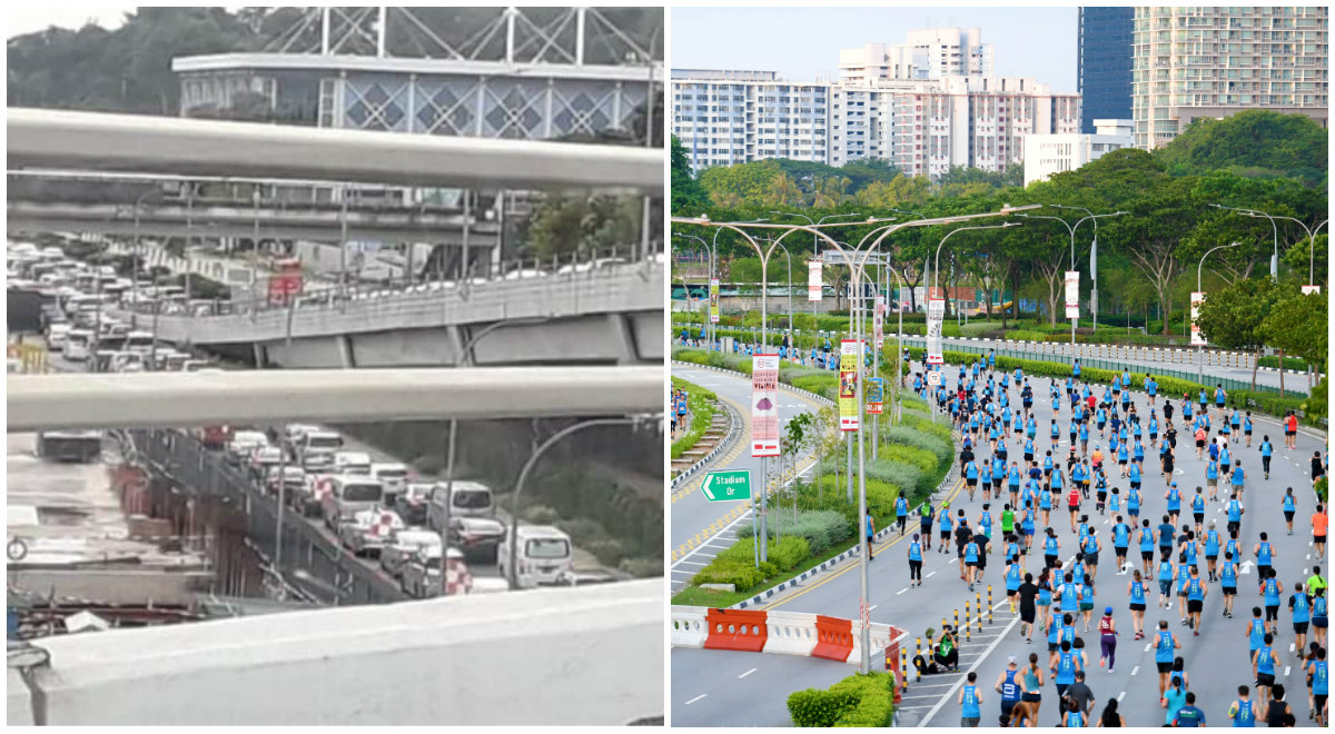 Traffic was paralyzed near Harborfront on Sunday, at left. At right, runners participate on the same day in the Standard Chartered Marathon. Photos: Gina Ng/Facebook, Standard Charted Marathon