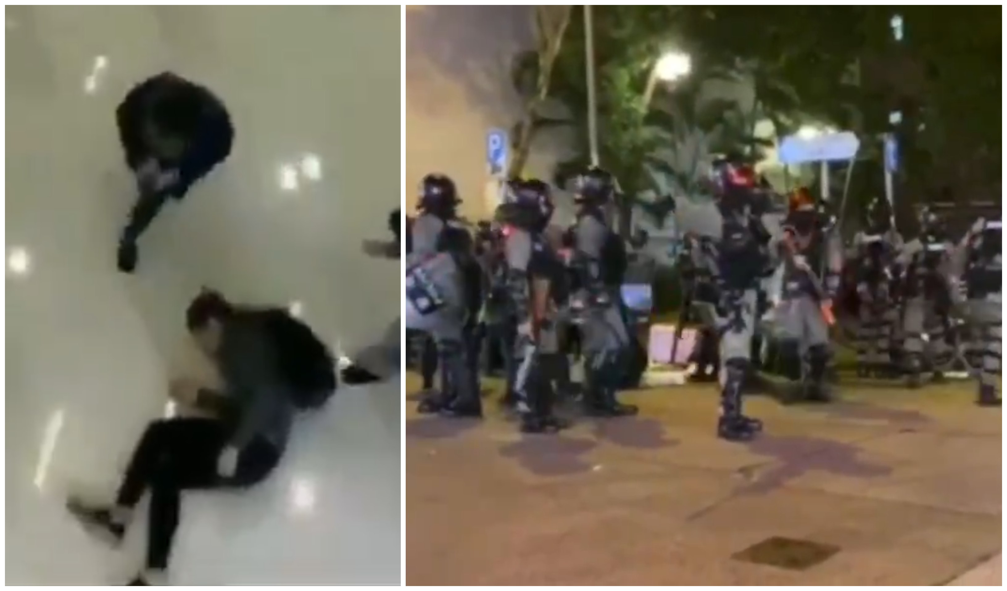A student who fell several meters inside of the Yoho Mall in Yuen Long (left), and police at the scene of a similar fall in Mong Kok (right). Screengrabs via Twitter.