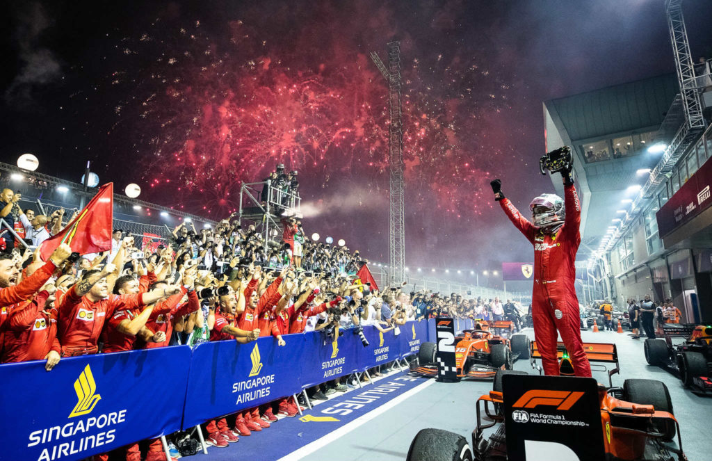 Sebastian Vettel celebrates his 2019 F1 Singapore Grand Prix win. Photo: F1 / Facebook