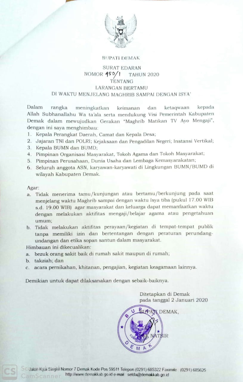 A circular issued in the Indonesian regency of Demak restricting social visits between the hours of the sunset and evening prayers. Photo: Twitter