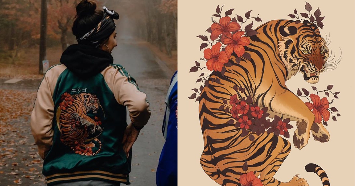 Erigo’s ‘sukajan’ jacket (L) and Nora Potwora’s hibiscus tiger artwork (R). Photos: Instagram/@erigostore & @norapotwora