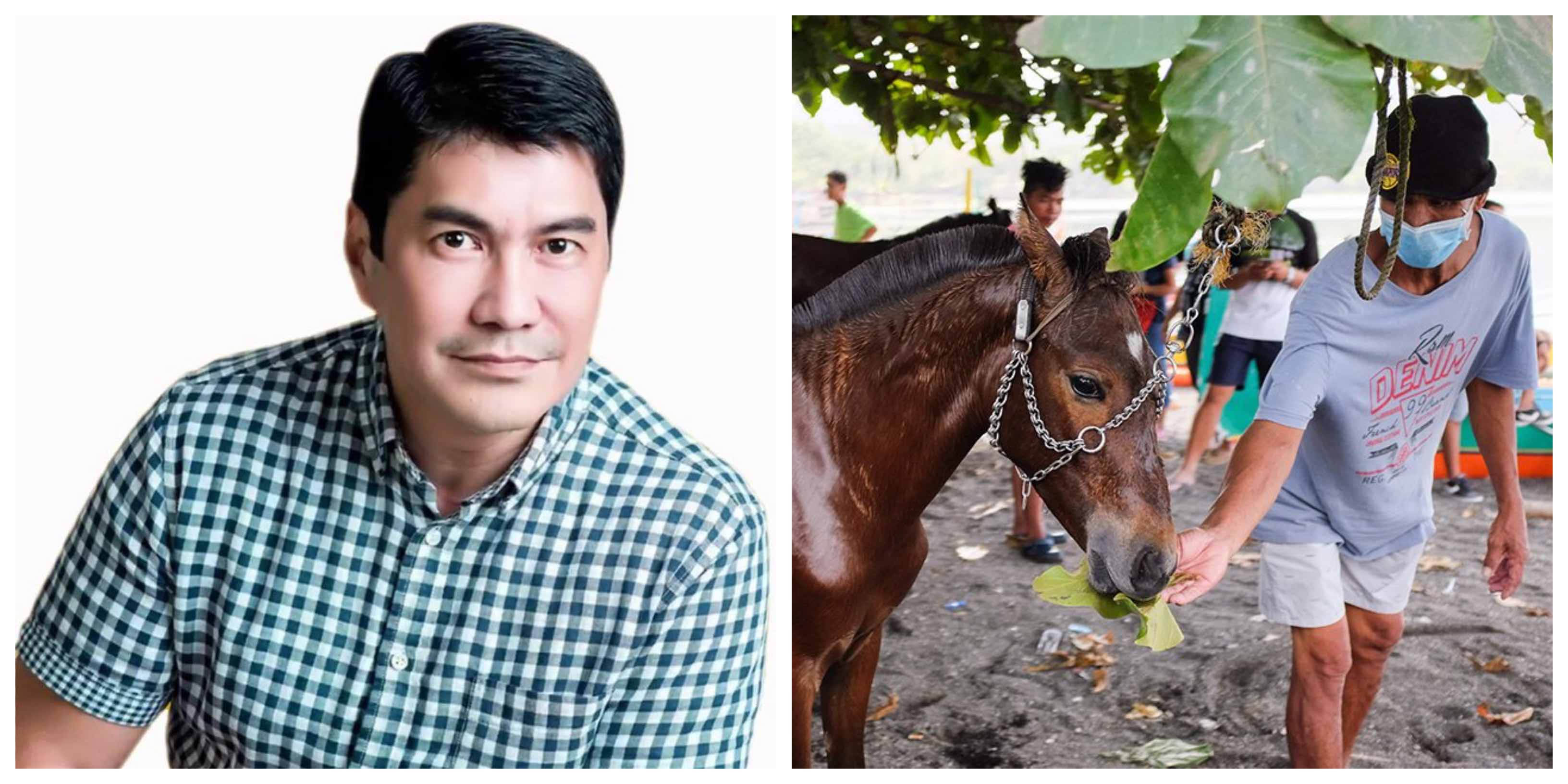 On left, broadcaster Erwin Tulfo; beside him, a man feeds his horse in Batangas amid this week’s Taal evacuations. <i></noscript>Photo: ABS-CBN News, Erwin Tulfo / FB</i>