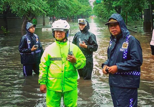 A flooded road in North Jakarta on Jan. 24, 2020. Photo: Jakarta Transportation Agency