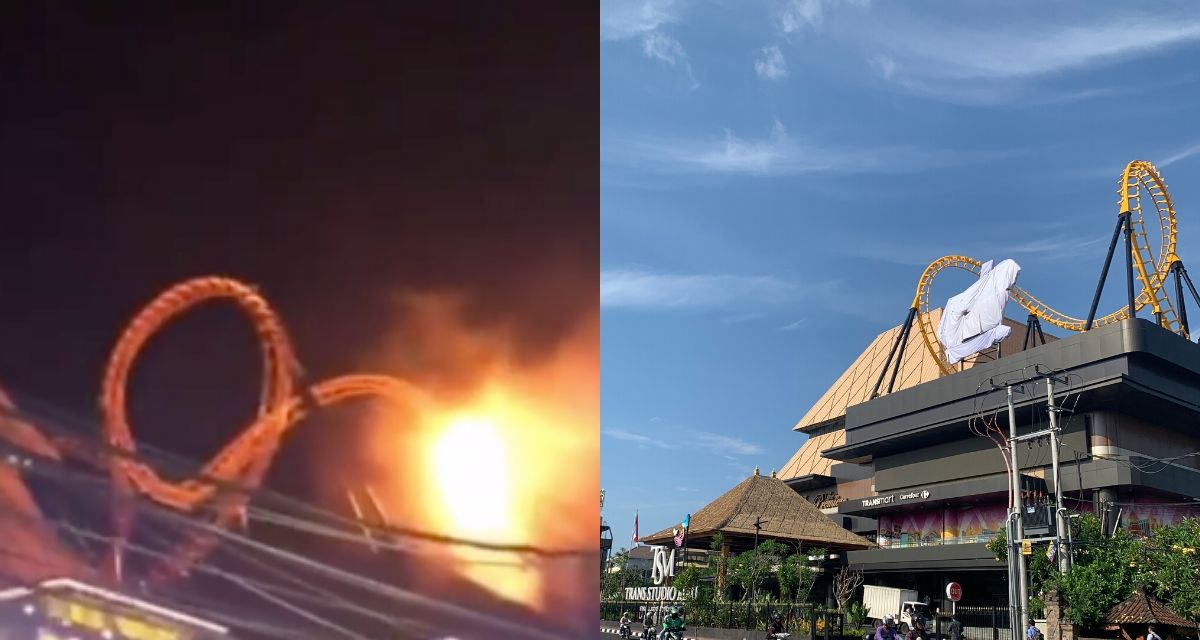 Left, The fire at the rooftop of Trans Studio Mall. Right, Trans Studio Mall the following morning. Photos: Instagram and Coconuts Bali