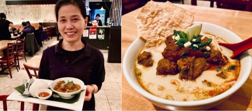 The lovely Weina Ung, who grew up in Penang, bringing out some Curry Beef Stew Over Rice (left) and the same beef curry in Laksa form. Photos: Wok Wok.