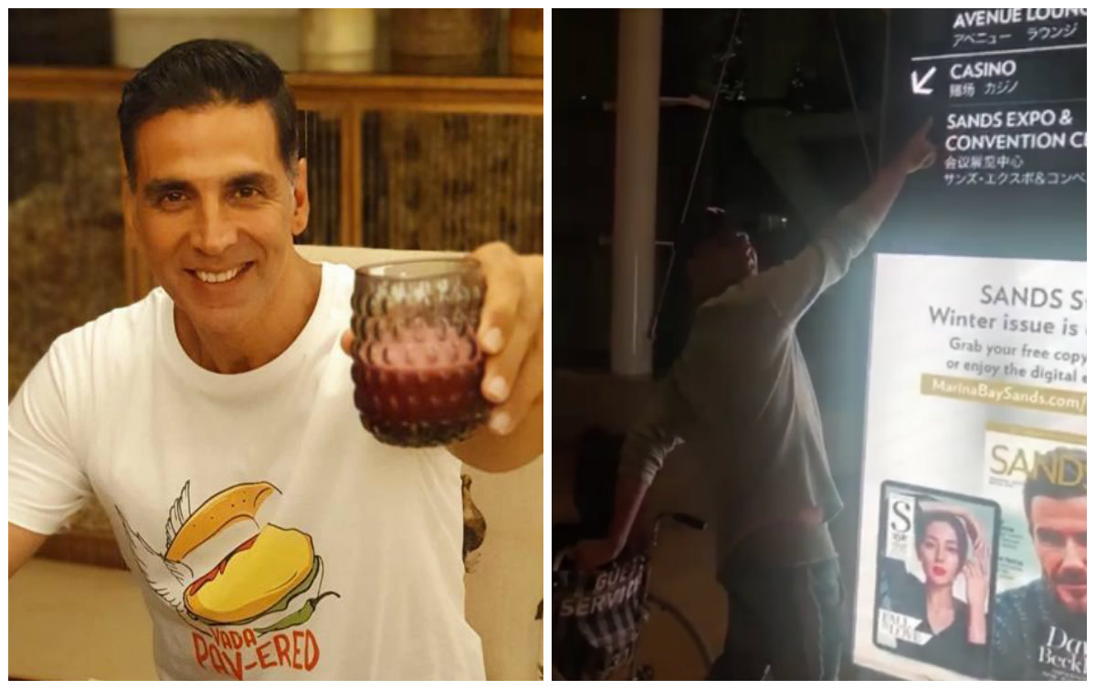 Bollywood actor Akshay Kumar poses with a drink, at left, and points to a Marina Bay Sands’ casino sign with his mother, at right. Images: Akshay Kumar/Facebook